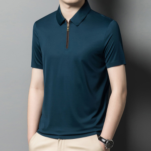 夏季桑蚕丝男士翻领拉链短袖t恤中年冰丝男装纯色半袖polo衫