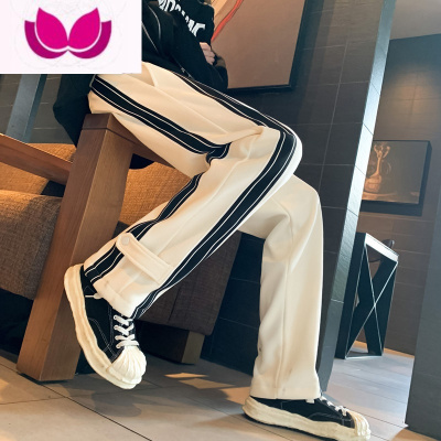 七斓高级感那不勒斯裤子男修身直筒魔术扣休闲裤侧条纹白色阔腿裤