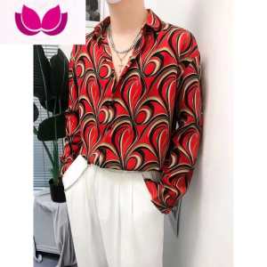 七斓设计感小众印花衬衫春季长袖男免烫ins潮流欧美风痞帅花衬衣夏季