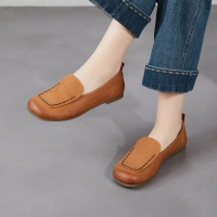 2026年春季新款复古浅口头层牛皮方头平跟一脚蹬软底女单鞋妈妈鞋