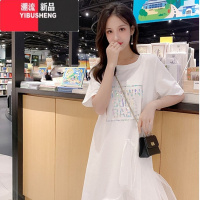 YIBUSHENG设计感小众t恤连衣裙女季大码显瘦遮肚子中长款网纱a字裙子