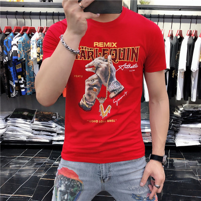 夏季新款短袖T恤男重工烫钻印花手半袖圆领体恤男装上衣潮流_1