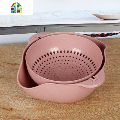 家用厨房多功能可旋转沥水篮塑料滤水篮创意双层洗菜洗水果盆 FENGHOU 麦纤维大号蓝色洗菜篮洗菜篮