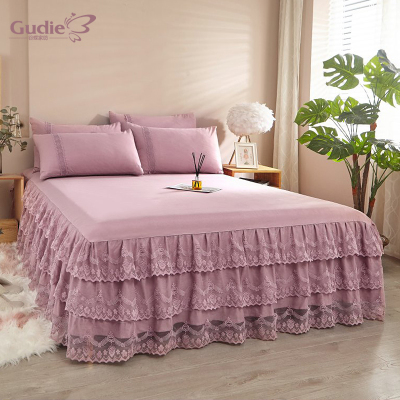 谷蝶纯色水洗棉夹棉床裙单件蕾丝边床罩双人床1.5m1.8米保护套春夏秋冬季