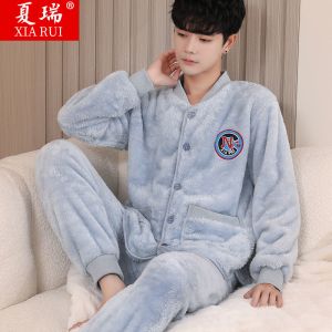 睡衣男冬季法兰绒加厚加绒保暖春秋冬款男士珊瑚绒家居服冬天套装