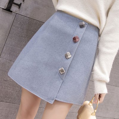 魅言魅语2020冬季新款韩版纯色简约毛呢高腰半身裙A字裙包臀裙短裙