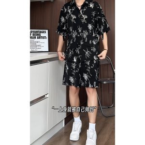 夏季新款短袖短裤套装男透气运动休闲衬衫印花翻领时尚男装两件套