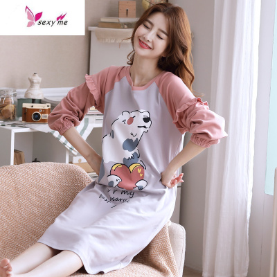 长袖睡裙女棉长款韩版学生睡衣过膝宽松孕妇家居服加大码FISHBASKET