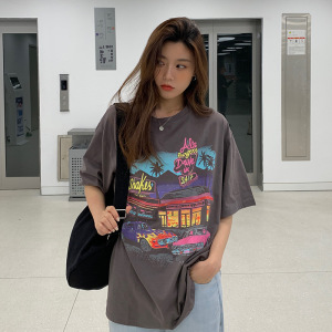 复古印花夏季宽松短袖T恤女早春韩版大码打底衫上衣女装