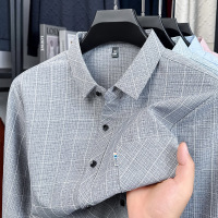 春装新款衬衫中年商务休闲格子真口袋薄款宽松衬衣男Polo衫潮