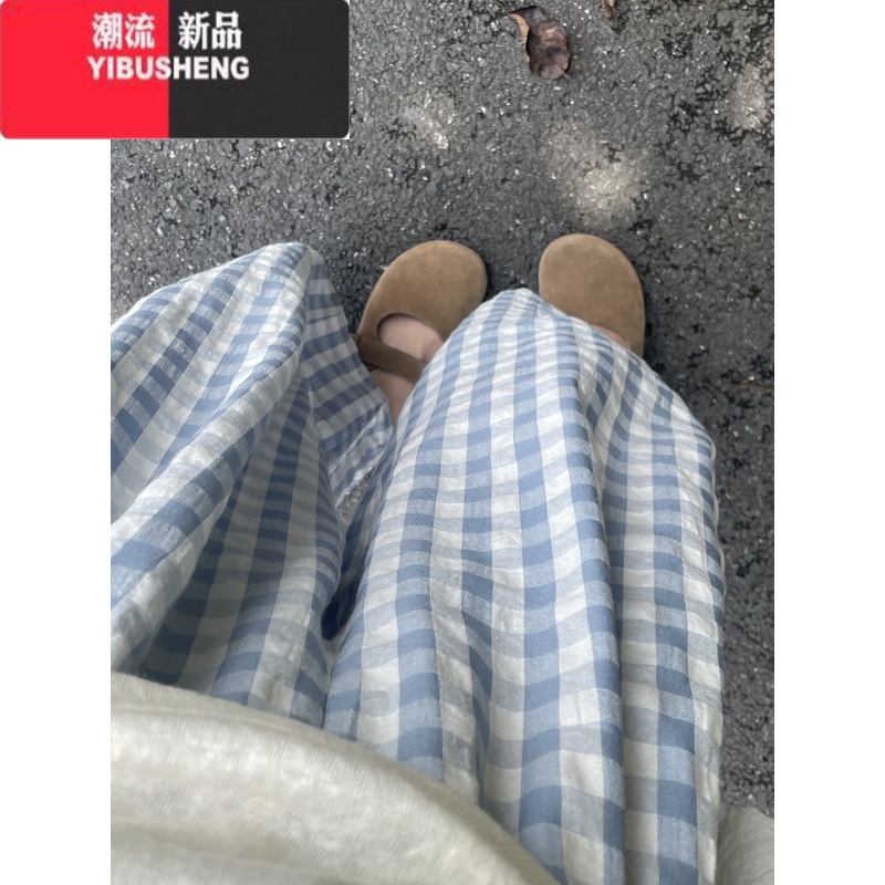 YIBUSHENG蓝色格子裤休闲裤女季薄款宽松长裤直筒裤小个子遛弯阔腿裤裤子