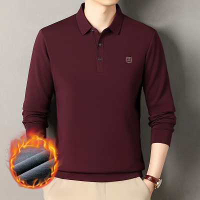 冬季新款韩版男士纯色加绒长袖T恤衫休闲时尚翻领
