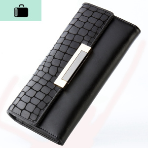 皮女士钱包女长款皮多功能三折牛皮韩版钱夹皮夹大钞夹搭扣潮NEW LAKE 子夜黑 子夜黑