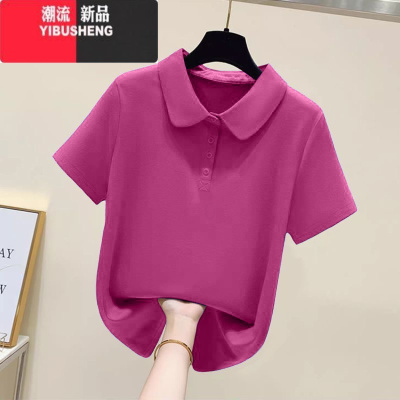 YIBUSHENG季翻领短袖t恤女休闲减龄上衣2024新款大码宽松洋气polo衫