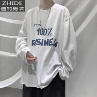 SUNTEK男装潮牌字母印花长袖T恤男春季韩版潮流宽松圆领休闲打底衫T恤