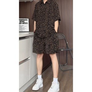 豹纹套装男夏季新款美式潮牌复古宽松休闲短袖衬衫五分短裤两件套