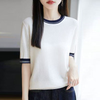 夏季女装新款曲珠冰麻丝短袖女针织衫撞色T恤女圆领背心