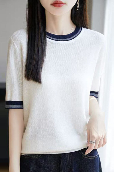 夏季女装新款曲珠冰麻丝短袖女针织衫撞色T恤女圆领背心