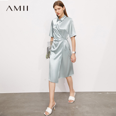 Amii极简醋酸缎面衬衫连衣裙女2021夏季褶皱设计感绑带修身中长裙