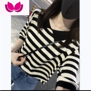 七斓条纹中袖T恤牛仔半身裙套装女2023装新款韩版显瘦流行套