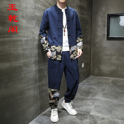 玉乾阁2021春季中国风棉麻套装男大码唐装盘扣印花中式中山装外套两件套男