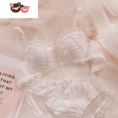 绿彩虹光无钢圈文胸套装日系甜美丝带内衣荷叶边JK少女萝莉小胸聚拢上托