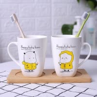 ins牙刷杯陶瓷卡通创意可爱北欧漱口杯洗漱杯套装情侣一对家用女 三维工匠 洗漱熊--男女一对+竹托