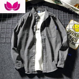 七斓日系潮牌青少年学生长袖港风ins潮流原宿韩版男士休闲格子衬衫男