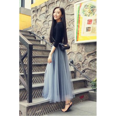 珂卡慕(KEKAMU)网纱半身裙女春季新款韩版高腰百褶雪纺网纱裙中长款复古半身裙蓬蓬长裙沙滩裙灰蓝色默认颜色75cm
