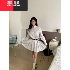 YIBUSHENG橘子树在哪儿韩系条纹衬衫连衣裙女季短袖收腰显瘦a字百褶短裙