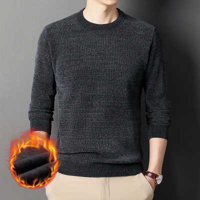 秋冬季加绒纯色雪尼尔毛衣男款圆领套头加厚保暖打底衫男