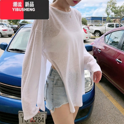 YIBUSHENG季ins小众设计感圆领镂空上衣宽松薄款长袖T恤女防晒罩衫外搭