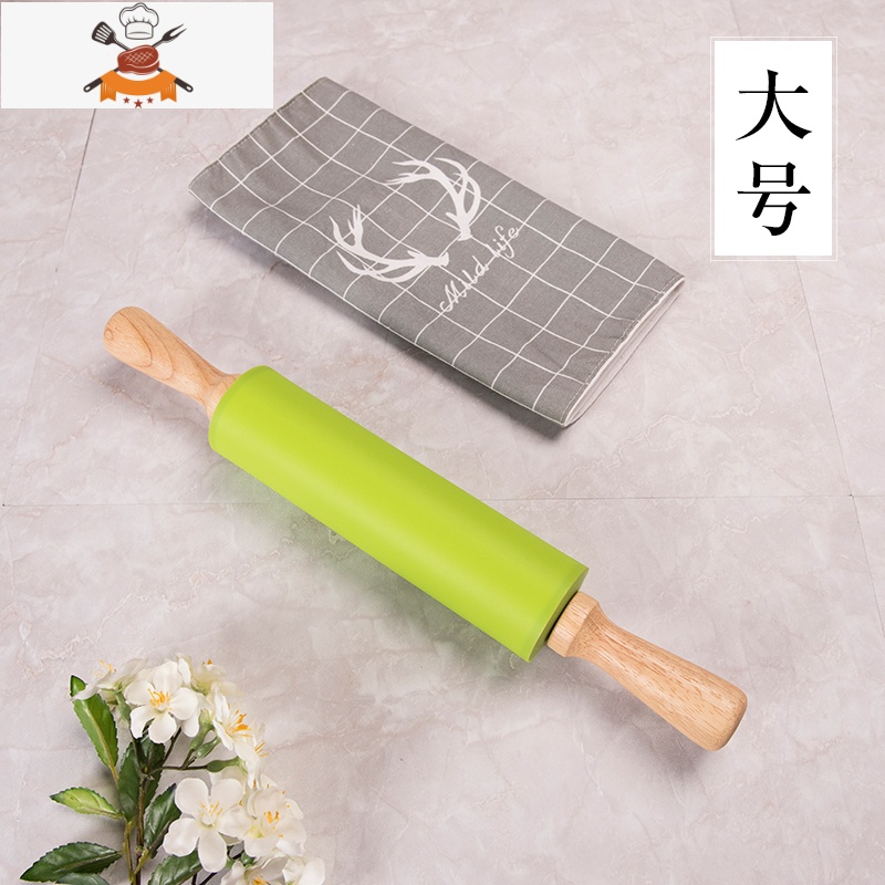 烘焙工具 实木手柄滚轴不粘食品面粉棍 大小面团饺子棍 敬平 大号绿色擀面杖