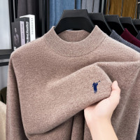 全羊毛半高领毛衣男秋冬季新款时尚刺绣加厚保暖男士羊毛衫