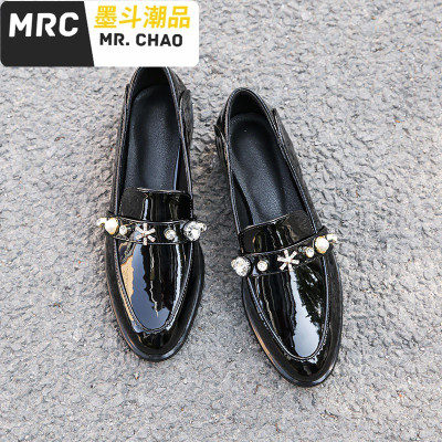 英伦风复古小皮鞋女2020春季新款sw珍珠百搭乐福鞋一脚蹬粗跟单鞋墨斗潮品休闲鞋