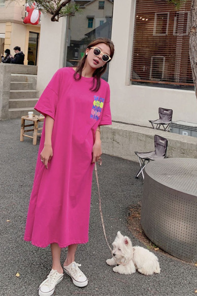 韩国大码女装连衣裙夏季胖mm长款短袖T恤女宽松开叉长裙打底衫女