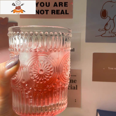 ins北欧风复古浮雕金边玻璃杯圆形太阳花水杯冷饮杯奶茶店果汁杯 敬平