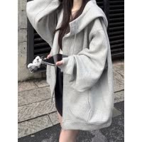 加绒卫衣女新款秋冬季灰色连帽外套大码宽松加厚慵懒美式上衣