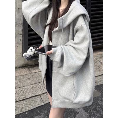 加绒卫衣女新款秋冬季灰色连帽外套大码宽松加厚慵懒美式上衣