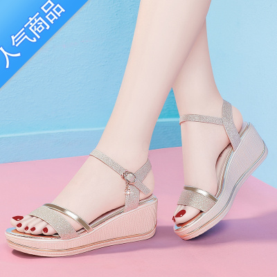 SUNTEK凉鞋2023年新款女夏季厚底坡跟妈妈款百搭不累脚防水台高跟鞋女款