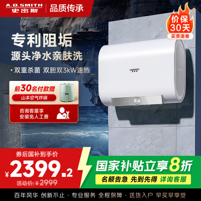 史密斯佳尼特[银河]60升电热水器 超薄双胆扁桶 双3kW速热 专利免清洗 CTE-60HTB