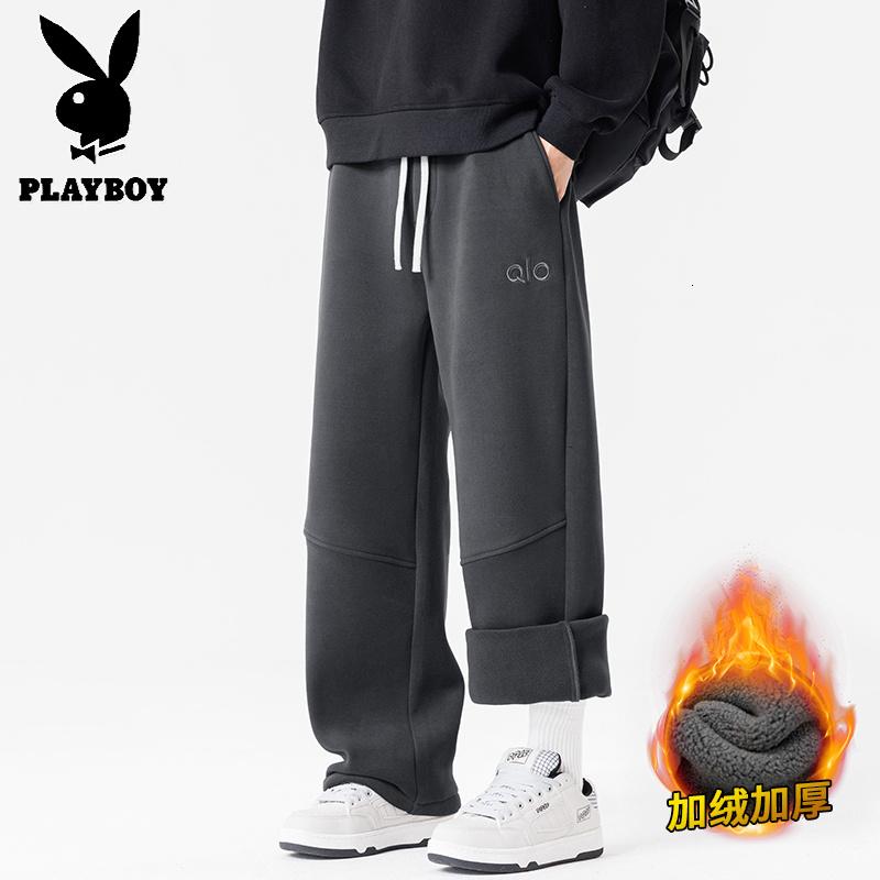 花花公子新款冬季加绒加厚奥粒绒休闲裤刺绣保暖德绒裤子-裤脚可调节