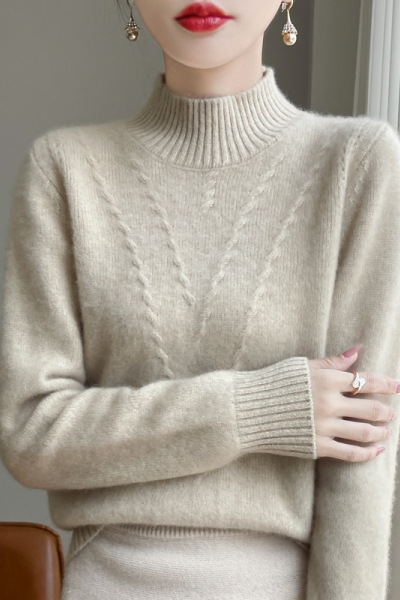 秋冬半高领厚款羊毛衫女针织打底衫长袖套头毛衣提花宽松显瘦上衣