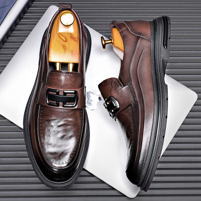 新款英伦风布洛克手工真皮鞋男士透气商务正装一脚蹬皮鞋厚底单鞋