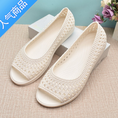 SUNTEK夏季平底白色凉鞋洞洞女鞋灰色工作鞋软底防滑镂空塑料休闲女凉鞋