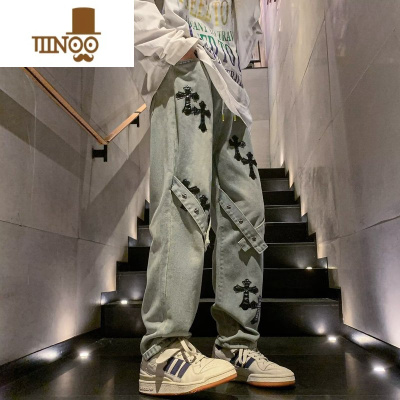 YANXU美式潮牌牛仔裤男高街痞帅水洗绑带休闲裤vibe复古阔腿长裤