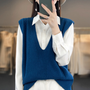 韩版宽松慵懒风马甲背心女潮简约V领叠穿外搭马甲毛衣针织坎肩女