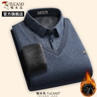 啄木鸟新款男士加绒假两件针织衫春季毛衣中年爸爸保暖打底上衣C