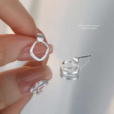 简约菱形耳钉女s999纯银韩版镂空四边形拉丝耳环轻奢小众足银耳饰送女朋友老婆情人节七夕生日礼物