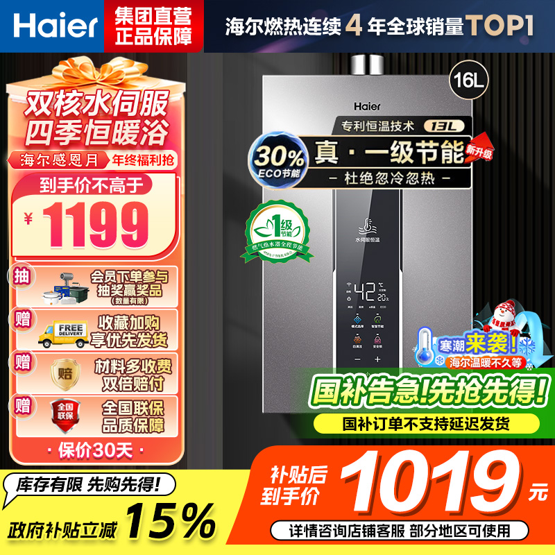 海尔(Haier)燃气热水器天然气增压变频水伺服恒温家用洗澡大水量多重安防健康洗APP智能16L [WM5]